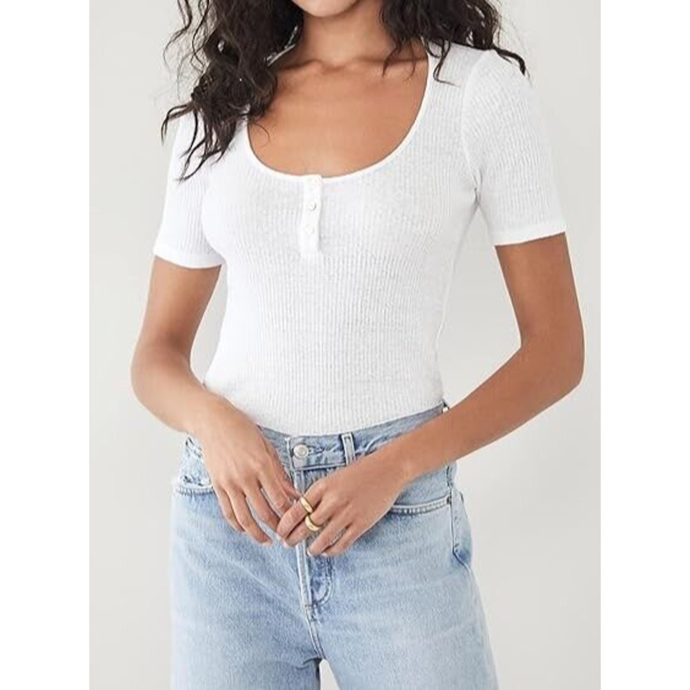 Vince Women's Short Sleeve Scoop Neck Henley Top Semi-Sheer Size XXL Optic White